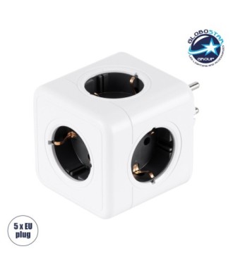 GLOBOSTAR® POWERCUBE 79627 Πολύπριζο 5 Θέσεων με 5 x EU Schuko Πρίζες Ασφαλείας Childproof AC 220-240V 3680W-16A Max Load IP20 - Λευκό & Γκρι - Μ7.5 x Π11.5 x Υ7.5cm